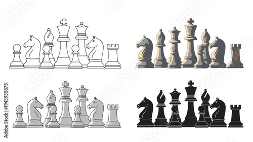 Complete set of chess pieces including king queen bishop knight rook and pawn in different artistic styles for game strategy themes.