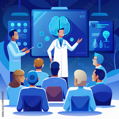 Doctors and medical professionals in a brain research presentation