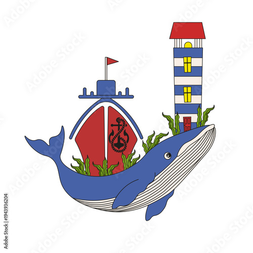Surreal art with blue Whale lighthouse and ship. Vector marine art  isolated transparent background. Hand drawn  summer travel design. Editable stroke. EPS 10