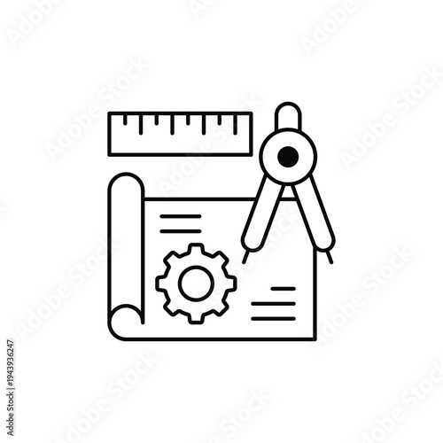 Architectural Blueprint Featuring Drafting Tools and Gear Icon.