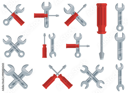Illustration of hand tools including screwdrivers and wrenches on white backdrop.