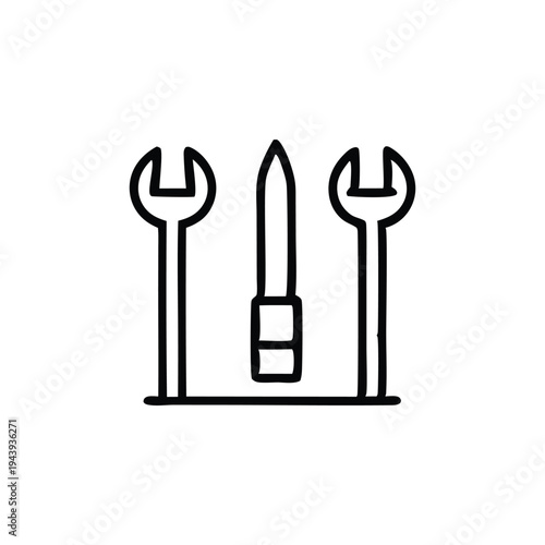 Two Open Wrenches Flanking Central Nail Illustration.