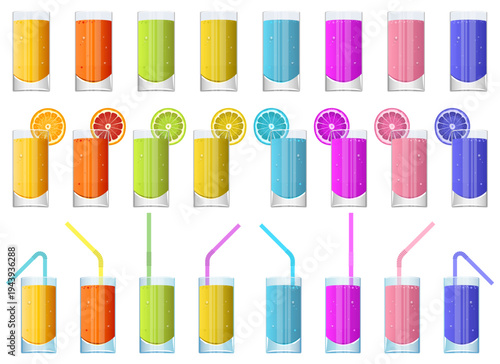 Rows of colorful cartoon fruit juice drinks with citrus garnish and straws.