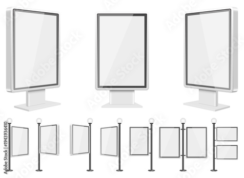 Various styles of blank advertising displays for promotional content on stands
