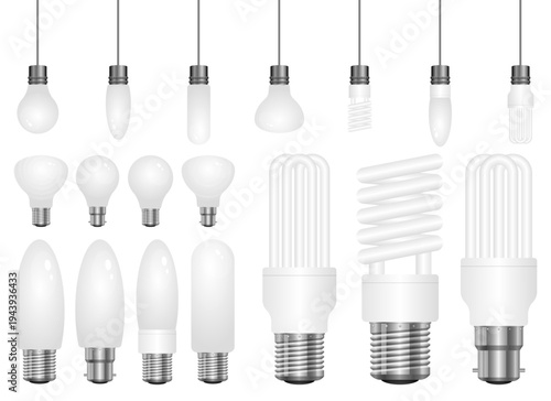 Array of diverse light bulbs shapes and sizes against a white background.