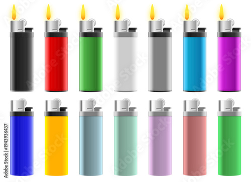 Collection of multicolored lighters, arranged in two rows with bright flames.