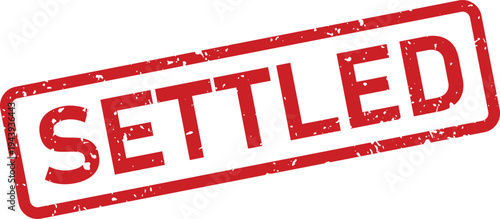 A bold red grunge effect rubber stamp displaying the word SETTLED on a crisp white background