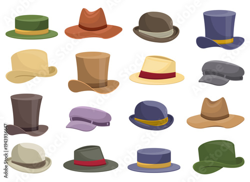 A collection of varied vintage and classic hat styles in multiple colors.
