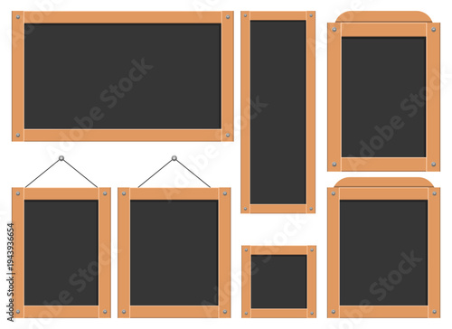 Collection of framed blackboards in assorted sizes and orientations.