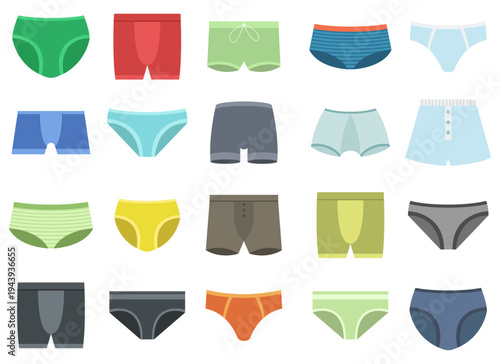 Colorful selection of undergarments for men on a white background flat lay.