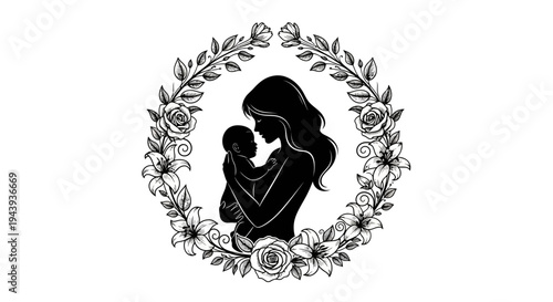 Mother holding baby in floral wreath.