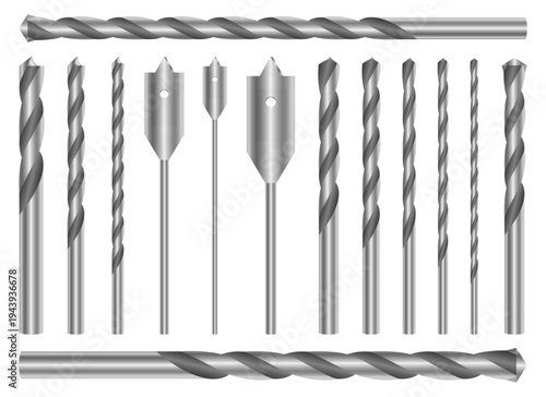 Set of Drill Bits for Wood and Metal Drilling, Various Sizes and Types