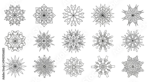 Collection of intricate and unique snowflake designs in black and white for winter season decorations and holiday greeting card elements.