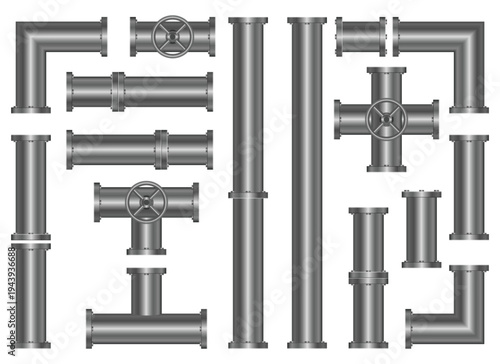 Pipes and fittings: Various shapes and configurations of metal pipes shown.