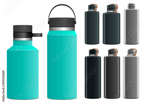 Assortment of insulated water bottles for cold and hot drinks on white background.