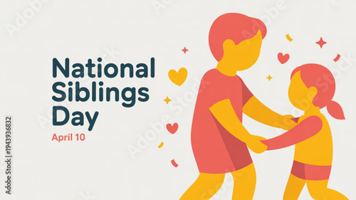 National siblings day illustration of a brother and sister holding hands with hearts