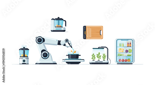 Smart kitchen with robotic arm preparing food among modern appliances