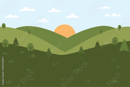 Rolling green hills with stylized trees and a sun rising over the horizon flat illustration