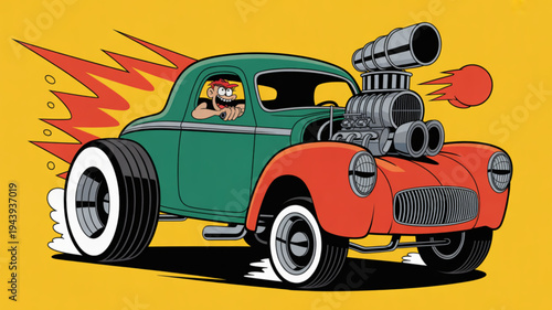 Vintage green and red hot rod car speeding with flames on yellow background dynamic illustration
