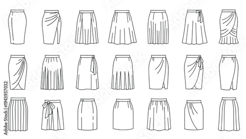 Collection of fashion design sketches featuring various skirt styles including pleated, wrap, pencil, and flared designs.