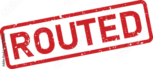 A bold red grunge textured rubber stamp clearly displaying the word ROUTED on a clean white backdrop