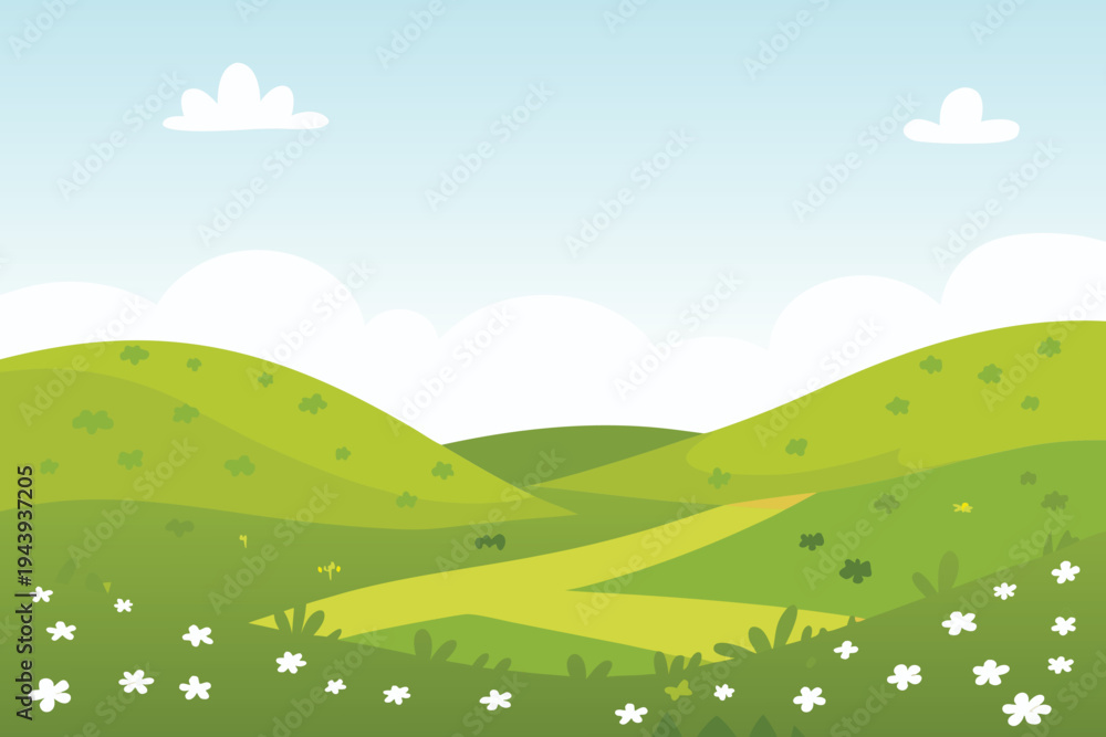 Fototapeta premium Rolling Green Hills with Winding Path and White Flowers Sunny Day Cartoon Landscape