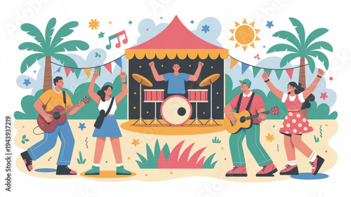 People dancing and playing music at a colorful outdoor festival with a band on stage under a tent