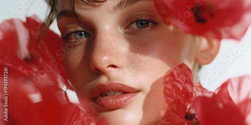 A beautiful young woman with delicate skin is framed by vibrant red flowers