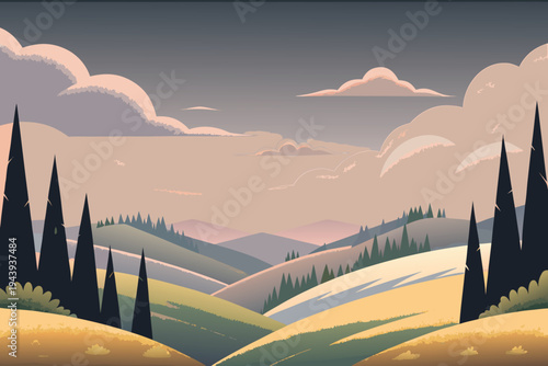 Rolling Hills Landscape with Cypress Trees and Cloudy Sky Flat Design Style