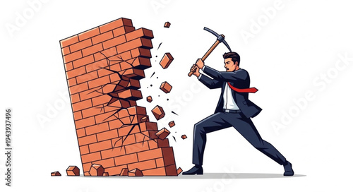 Man Breaking Down Brick Wall.