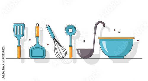 Modern Kitchen Utensils and Mixing Bowl for Food Preparation Isolated White Background