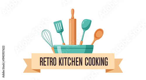 Retro Kitchen Cooking Utensils in Blue Mixing Bowl with Banner Isolated White Background