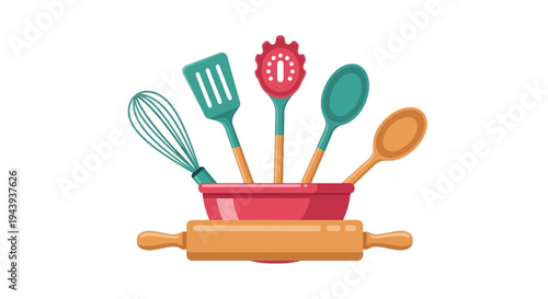 Collection of Colorful Kitchen Utensils and Rolling Pin in Red Bowl Isolated White Background