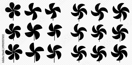 Set of black pinwheel icons with varying numbers of blades, isolated on a transparent background, representing wind-powered toys or energy concepts.