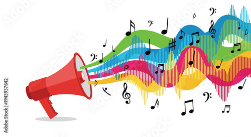 Vibrant megaphone broadcasting colorful sound waves and musical notes