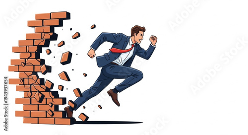 Man Breaking Through Brick Wall.