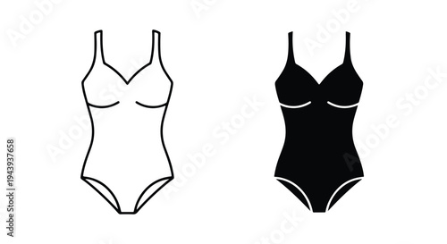 One-Piece Swimwear Icon Set - Black and White - Line and glyph icon set - Minimalist, flat icon, outline, glyph, linear, clipart, sticker - icon set