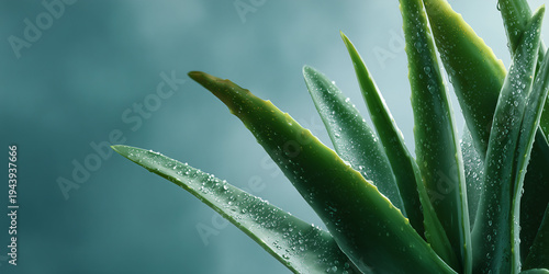 A close-up shot of aloe vera plant showcasing its vibrant green leaves with water droplets against a blurred background. The plant embodies health, wellness, and natural skincare