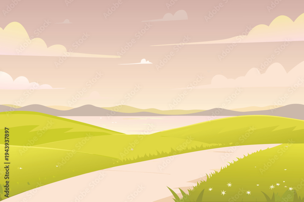 Fototapeta premium Scenic Countryside Path Winding Through Green Hills Towards a Lake Under a Pastel Sky