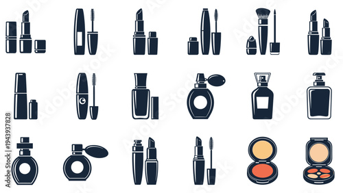 Collection of dark blue and orange icons representing various makeup and beauty products like lipstick, mascara, and perfume.