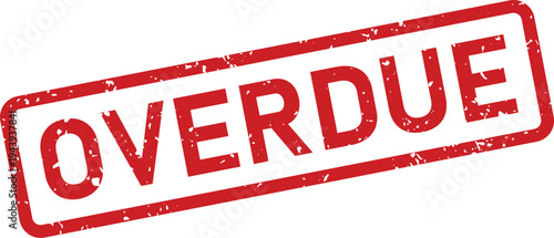 A bold red OVERDUE grunge rubber stamp is prominently displayed on a clean white surface