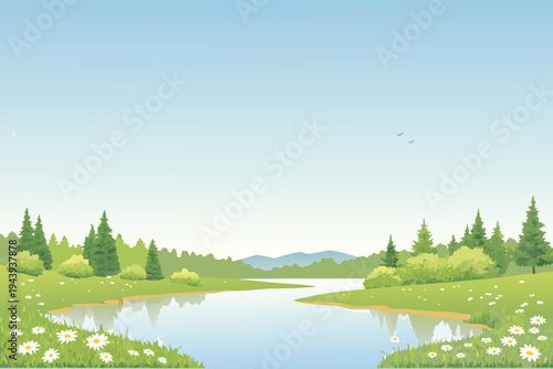 Serene Lakeside Landscape with Wildflowers and Pine Trees Clear Sky Stock Illustration