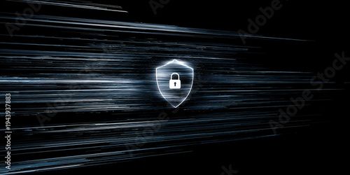 A digital shield with a padlock, symbolizing data security and protection