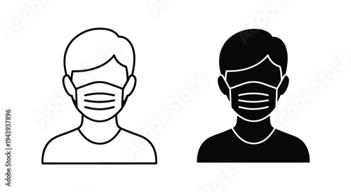 Face Icons with Medical Face Masks Set - Line and glyph icon set - Minimalist, flat icon, outline, glyph, linear, clipart, sticker - icon set