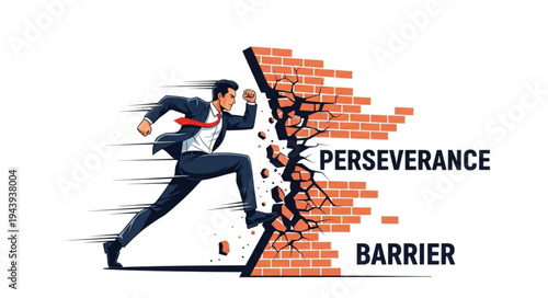 Man Breaking Through Brick Wall.