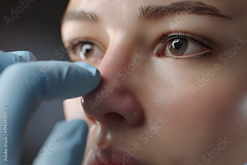 An ENT doctor is examining and palpating the nasal septum of a woman.