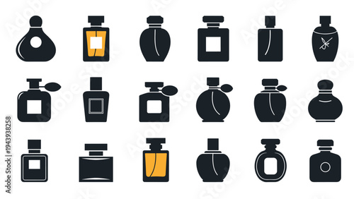 Collection of elegant perfume and fragrance bottle icons in various shapes and sizes with some gold accents.