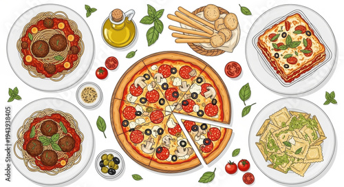 Italian Feast - Pizza, Pasta, and Antipasto Delights.