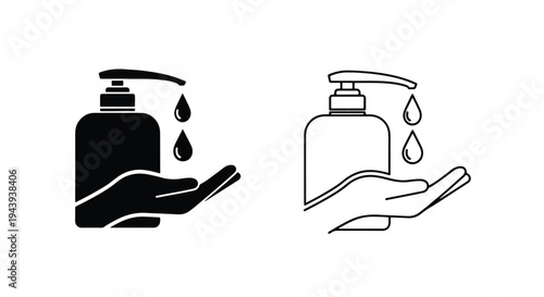 Hand Sanitizer Icon Set - Black and White Design - Line and glyph icon set - Minimalist, flat icon, outline, glyph, linear, clipart, sticker - icon set