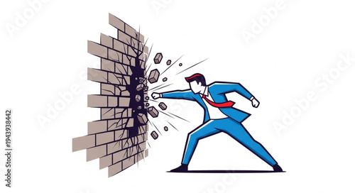 Man Breaking Through Brick Wall.
